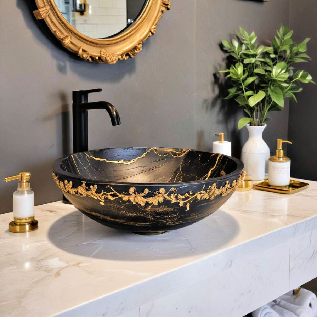 black and gold vessel sink for a unique focal point