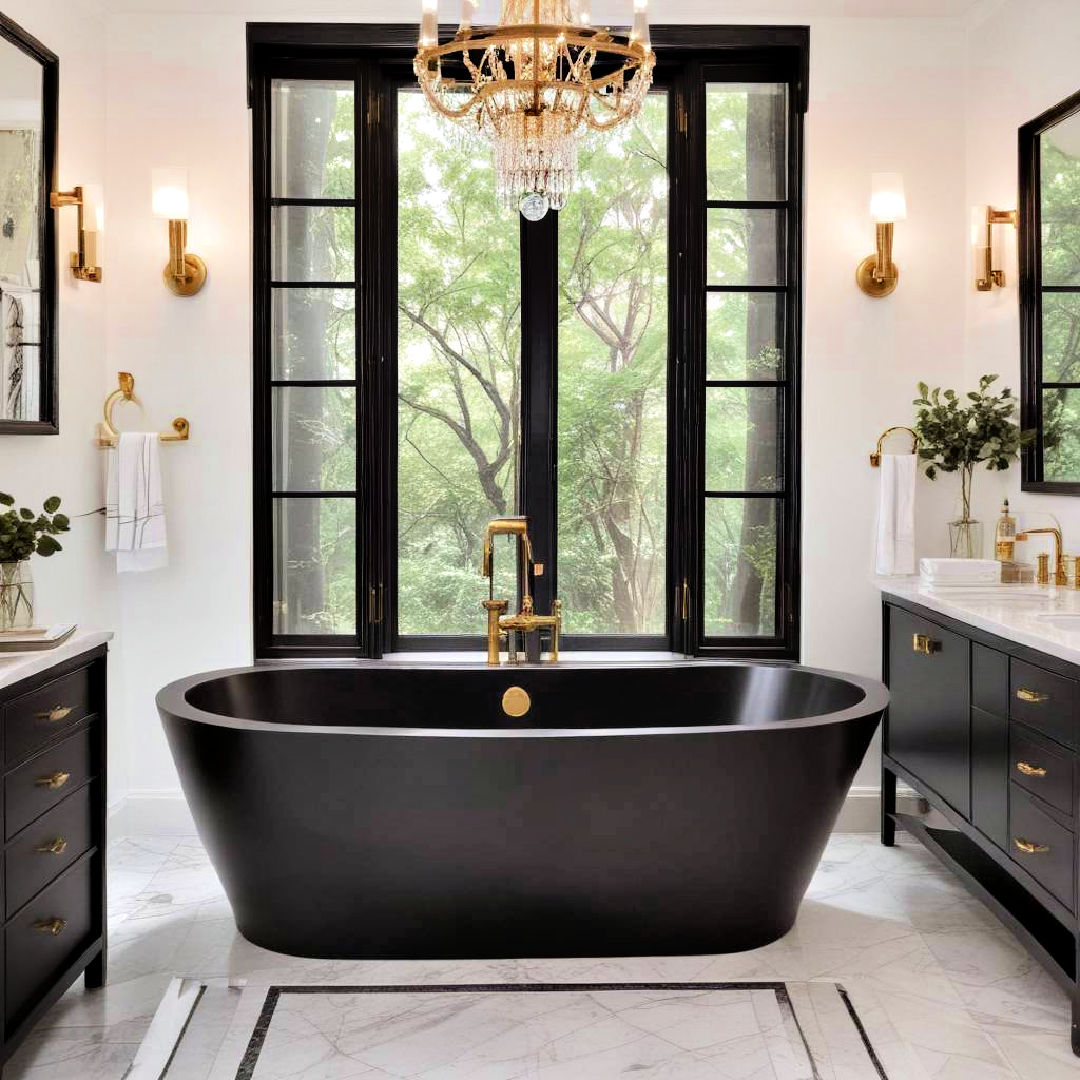 black freestanding bathtub with gold fixtures