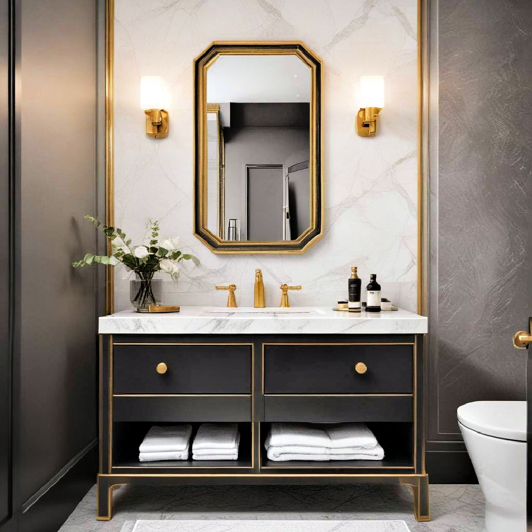 black freestanding vanity with gold trim for a luxe design