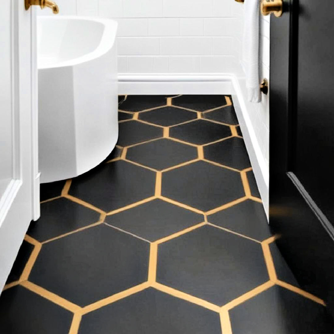 black hexagon floor tiles with gold accents for modern geometry