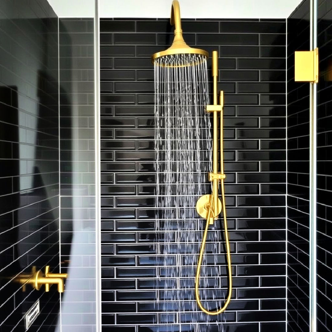 black shower tiles with gold fixtures for a bold contrast