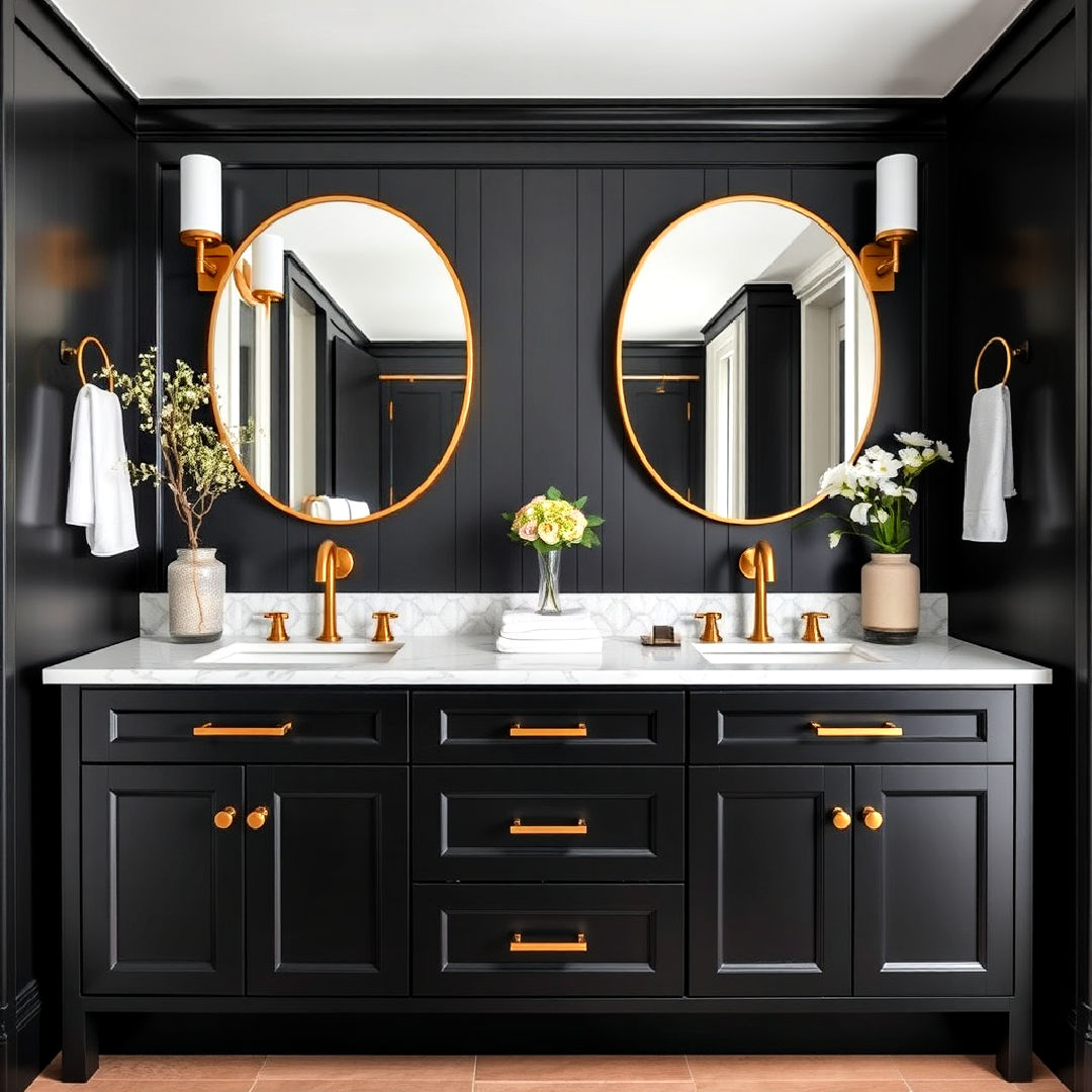 black vanity with gold hardware for a luxe touch