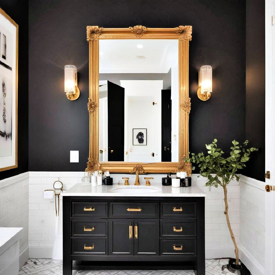 black vanity with gold mirror for a striking contrast