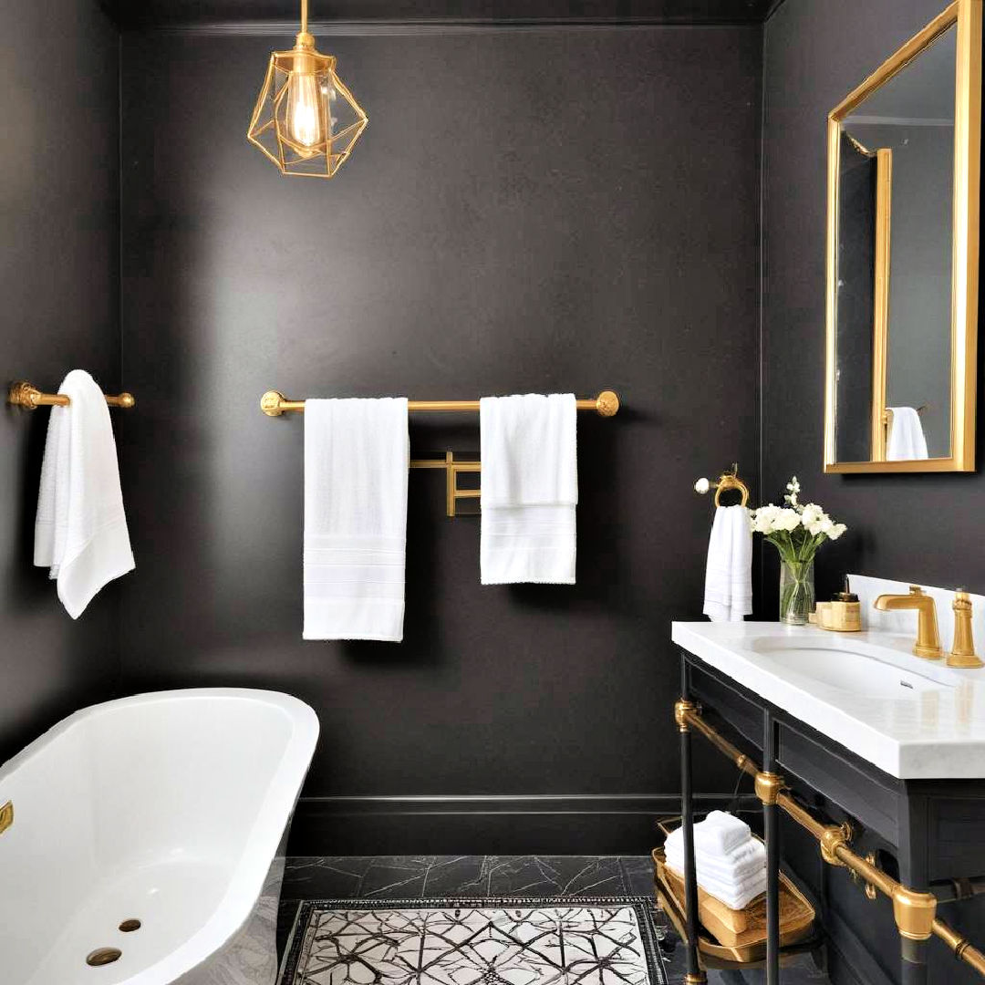 black walls with gold fixtures for a bold statement