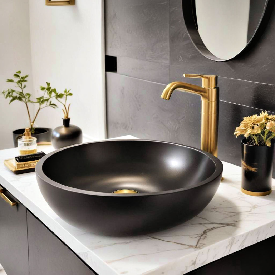 gold faucet on black sink for a sleek finish