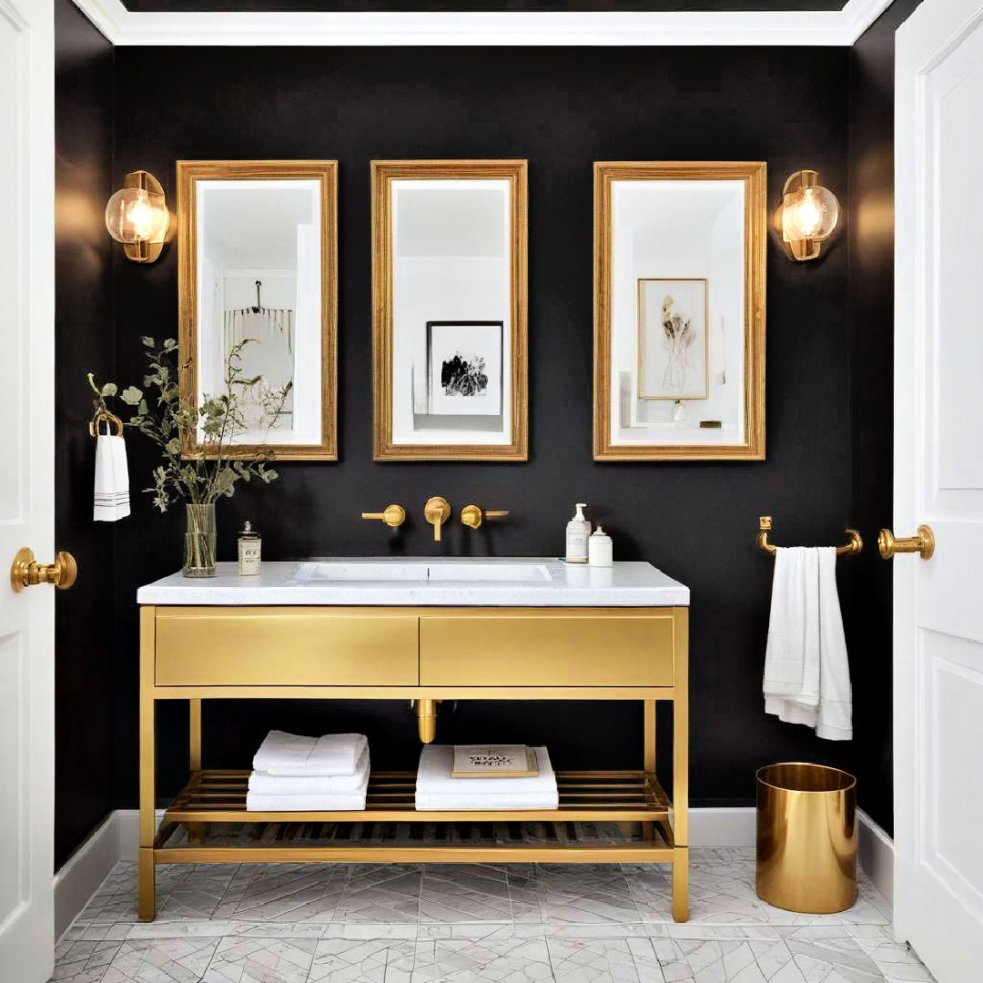 gold framed artwork on black walls for visual interest