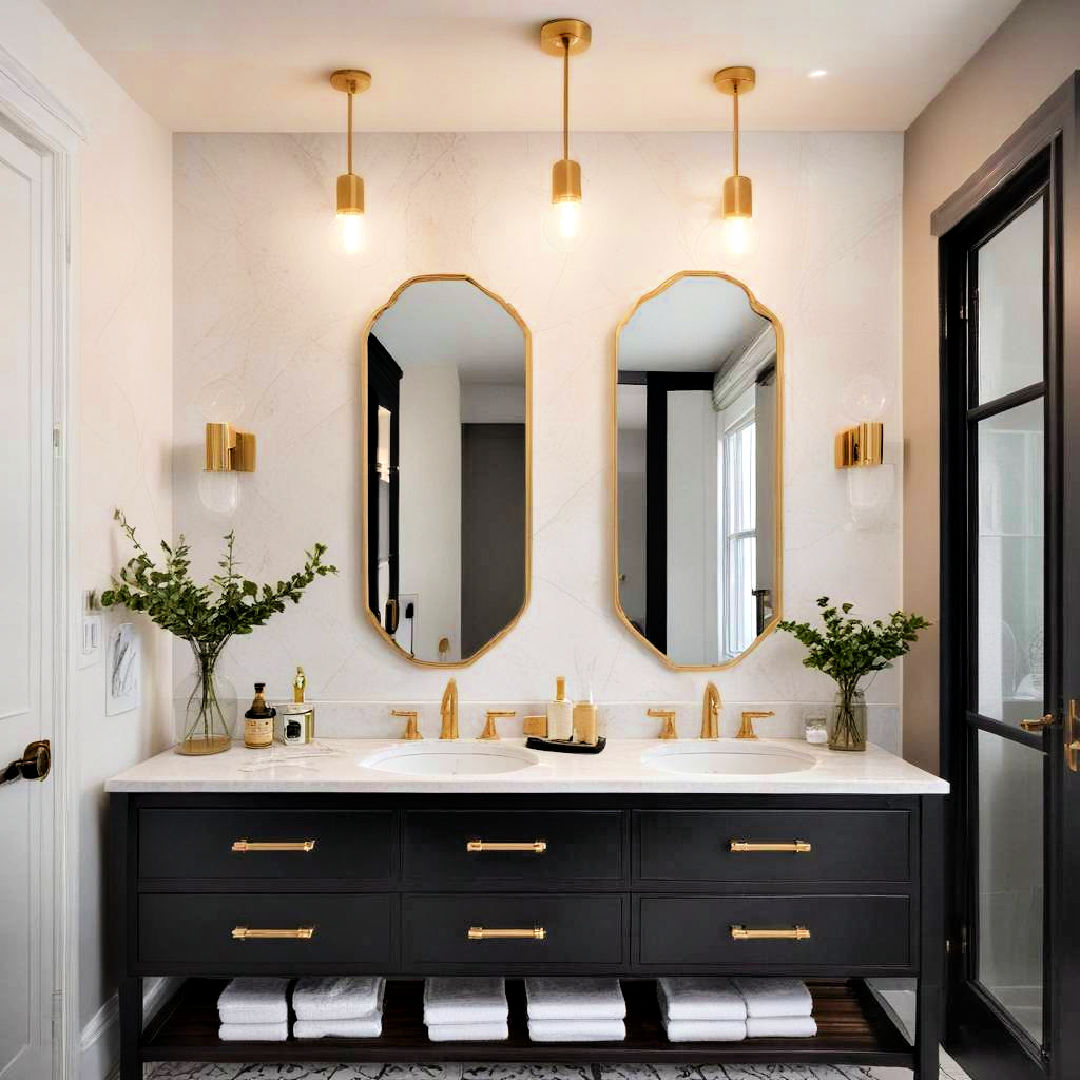 gold pendant lights over black vanity for ambient glow