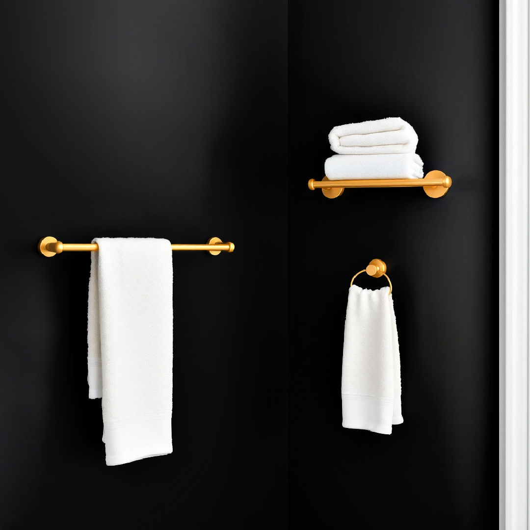 gold towel bars and hooks on black walls for a luxe finish