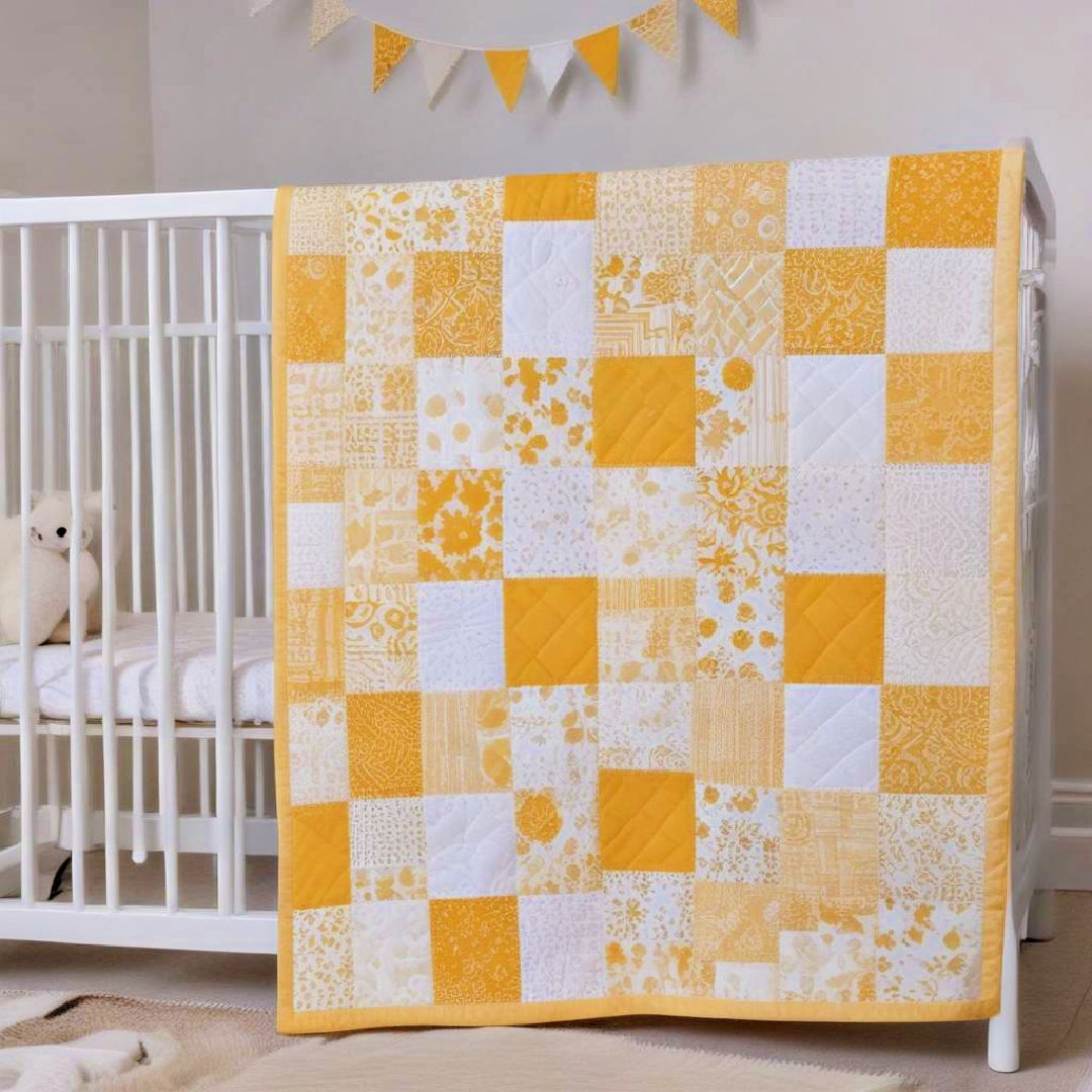 yellow and white patchwork quilt